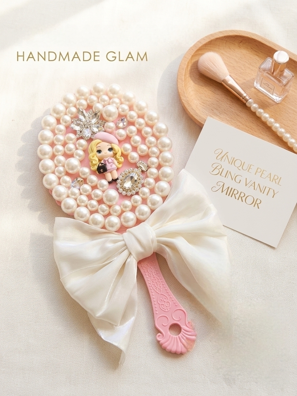 Handmade Pearl Bling Vanity Mirror - Custom Clay Doll Glam Decor - Charmed by SL
